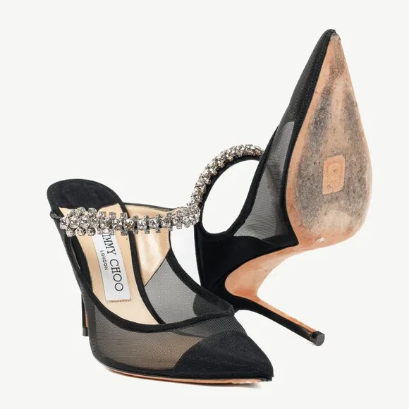 Jimmy Choo Bing 100 Black Mesh & Suede Crystal-Embellished Mules - Picture 4 of 10